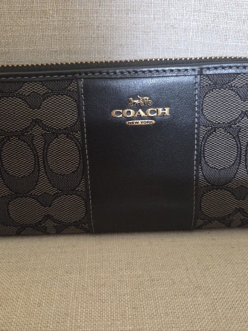 Coach Black Signature Canvas Accordian Zip Wallet with Coach Logo